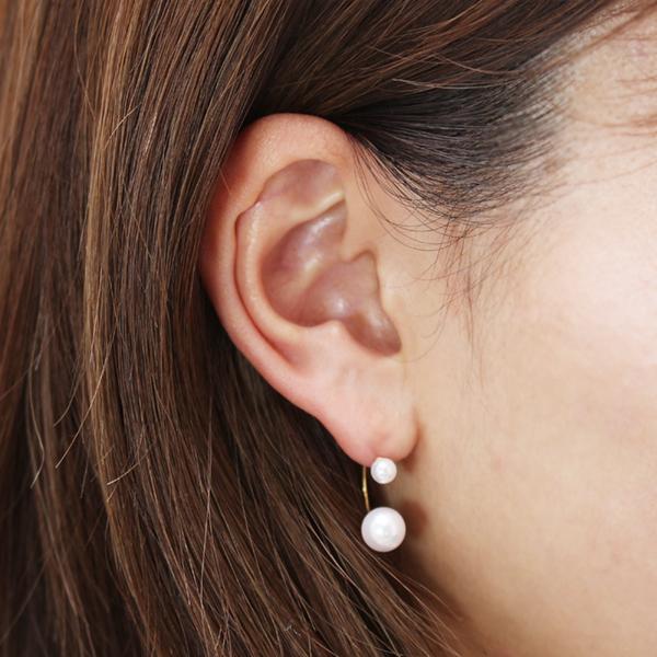 パール ピアス フック フープ 18金 k18 18k イエローゴールド 真珠 あこや アコヤ 4mm 7-7.5mm リバーシブル ダブルパール パールキャッチ 即日発送 puの画像