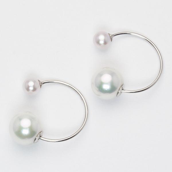 パール ピアス フック フープ 18金 k18 18k ホワイトゴールド 真珠 あこや アコヤ 4mm 7mm リバーシブル ダブルパール パールキャッチ puの画像