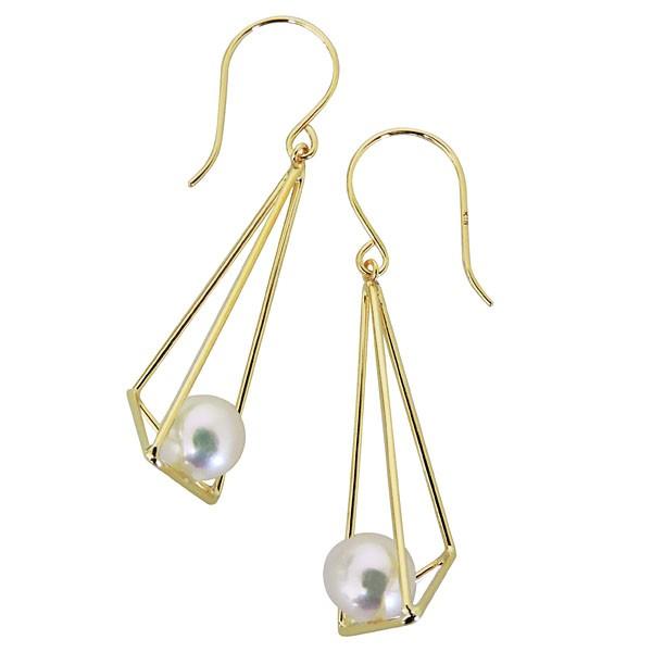 パール ピアス 18金 18k ピラミッド型フック ぶら下がり ゆれる 揺れる あこや本真珠 5-5.5mm k18 イエローゴールド レディース プレゼント ギフト puの画像