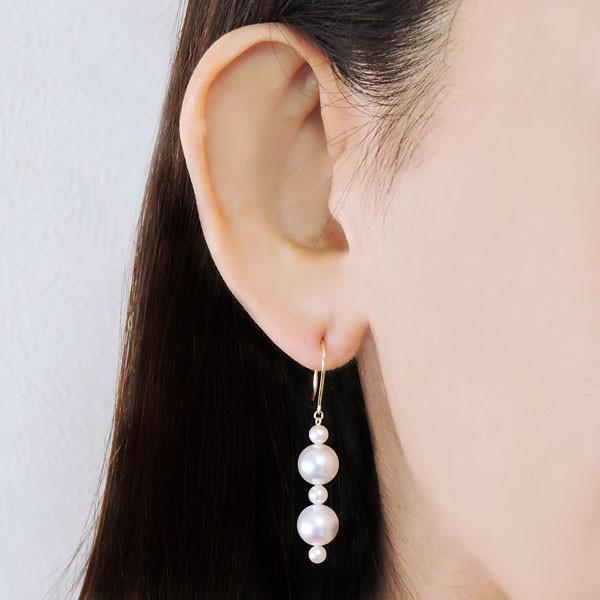 パール ピアス 18金 18k ステーション型フック ぶら下がり ゆれる 揺れる 本真珠 7.5mm×4個、約3.5mm×6個 k18 イエローゴールド プレゼント ギフト puの画像