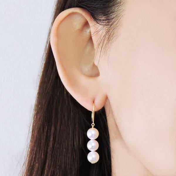 パール ピアス 18金 18k 普段使い 3連フック ぶら下がり ゆれる 揺れる あこや本真珠 7.5mm k18 イエローゴールド レディース プレゼント ギフト 自分買い puの画像