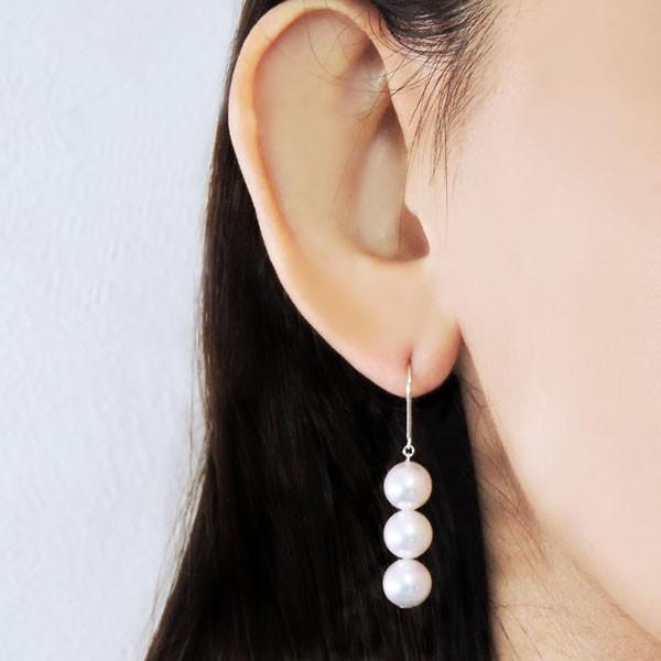 パールピアス 18金 パール ピアス 18k 3連フック ぶら下がり ゆれる 揺れる あこや本真珠 7.5mm k18 ホワイトゴールド レディース プレゼント ギフト puの画像