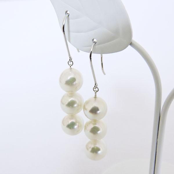 パールピアス 18金 パール ピアス 18k 3連フック ぶら下がり ゆれる 揺れる あこや本真珠 7.5mm k18 ホワイトゴールド レディース プレゼント ギフト puの画像
