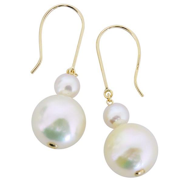 パール ピアス 18金 18k 普段使い 2連フック ぶら下がり ゆれる 揺れる 南洋白蝶真珠 10mm k18 イエローゴールド レディース プレゼント ご褒美 自分買い puの画像