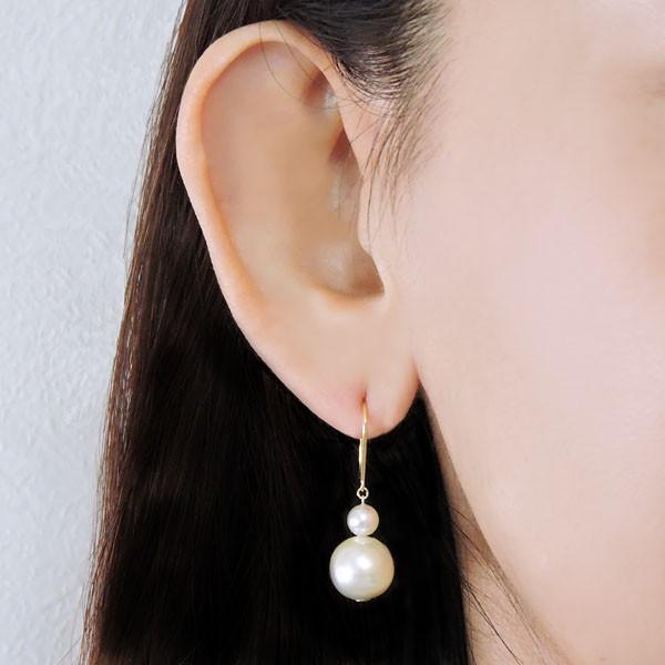 パール ピアス 18金 18k 普段使い 2連フック ぶら下がり ゆれる 揺れる 南洋白蝶真珠 10mm k18 イエローゴールド レディース プレゼント ご褒美 自分買い puの画像