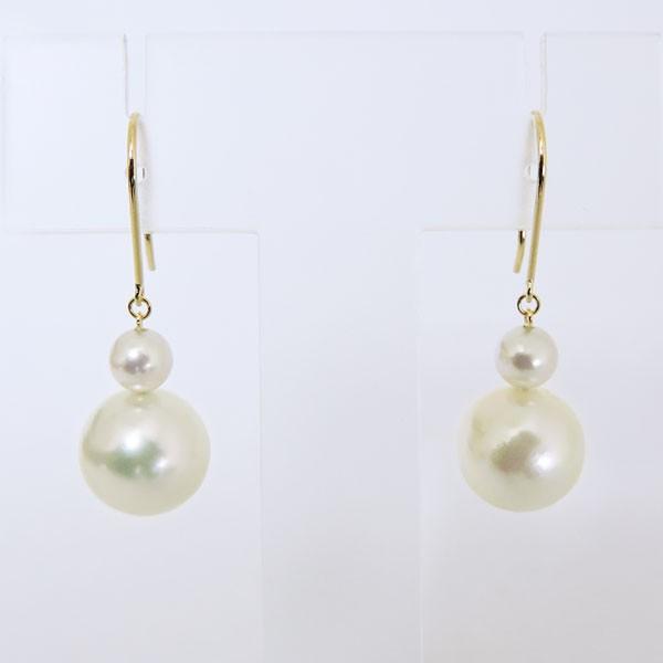 パール ピアス 18金 18k 普段使い 2連フック ぶら下がり ゆれる 揺れる 南洋白蝶真珠 10mm k18 イエローゴールド レディース プレゼント ご褒美 自分買い puの画像