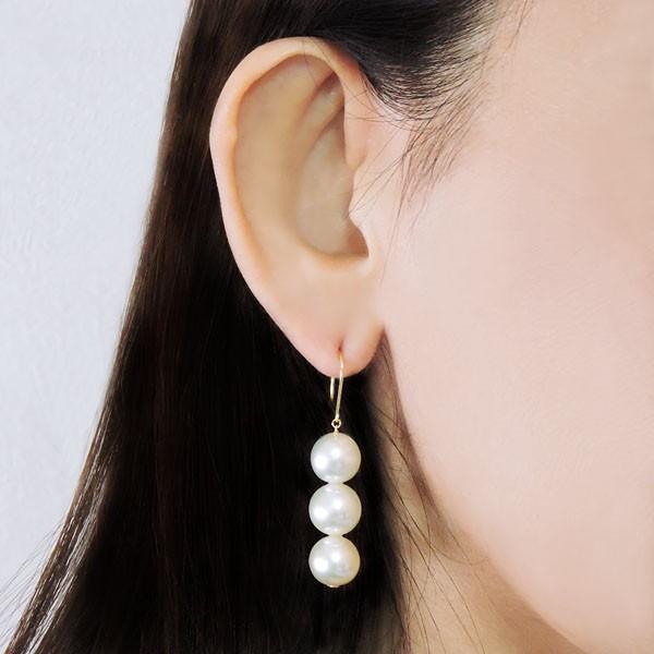 パール ピアス 18金 18k 3連ステーション型フック ぶら下がり ゆれる