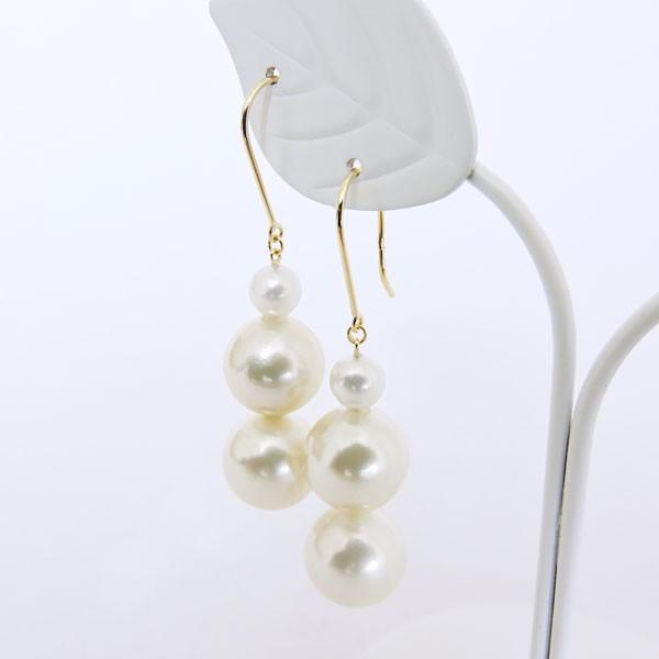 パール ピアス 18金 18k 3連ステーション型フック ぶら下がり ゆれる 