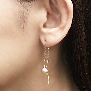 パール ピアス 18金 18k 普段使い 真珠 ウェーブ あこや本真珠 ロング
