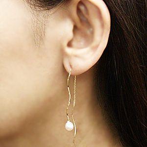 パール ピアス 18金 18k 真珠 ロング 真珠 あこや本真珠 ダブル ウェーブ イエローゴールド フック ゆれる ぶら下がり 送料無料 プレゼント ギフト puの画像