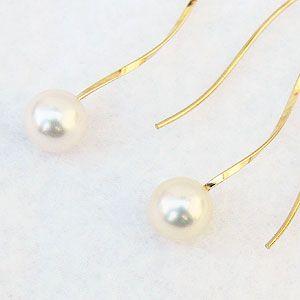 パール ピアス 18金 18k 真珠 ロング 真珠 あこや本真珠 ダブル ウェーブ イエローゴールド フック ゆれる ぶら下がり 送料無料 プレゼント ギフト puの画像