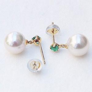パール ピアス 18金 18k あこや本真珠 アコヤ真珠 8.5mm エメラルド 5