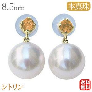 パール ピアス 18金 18k あこや本真珠 8.5mm スタッド シトリン 11月