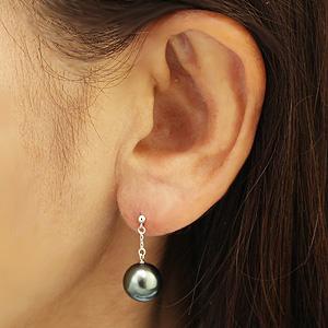 パールピアス 真珠 パール 真珠 ピアス ブラックパール ロングピアス タヒチ黒蝶真珠 10mm K14 ホワイトゴールド 揺れる 送料無料 プレゼント ギフト puの画像