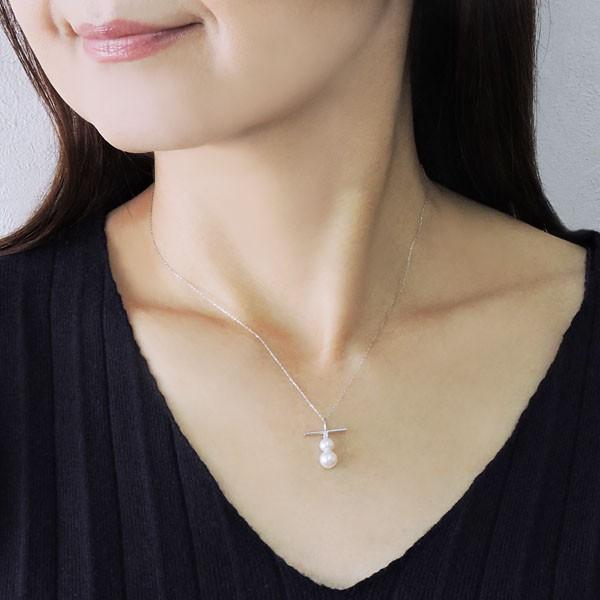 真珠 ネックレス パール ネックレス クロス型 6・5mm2連 あこや本真珠 0.01ct ダイヤモンド k18 ホワイトゴールド レディース プレゼント ギフト 自分買い puの画像