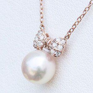 パール ペンダント リボン ネックレス 本真珠 7mm ダイヤモンド 0.10ct k18 ピンクゴールド 送料無料 ジュエリー プレゼント ギフト ご褒美 自分買い puの画像