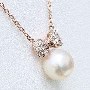 パール ペンダント リボン ネックレス 本真珠 7mm ダイヤモンド 0.10ct k18 ピンクゴールド 送料無料 ジュエリー プレゼント ギフト ご褒美 自分買い puの画像