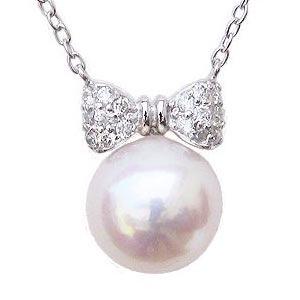 真珠 ネックレス パール リボン 本真珠 8mm ダイヤモンド 0.10ct k18