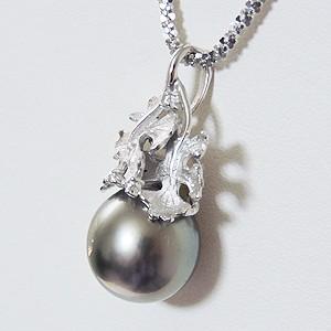 ブラックパール ネックレス 黒真珠 タヒチ黒蝶真珠 14mm