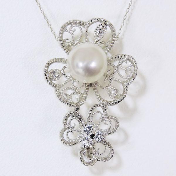 真珠 ネックレス パール フラワーモチーフ あこや本真珠 0.13ct