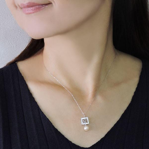 真珠 ネックレス パール ネックレス 額縁型 が揺れる あこや本真珠 0.003ct ダイヤモンド k18 ホワイトゴールド レディース プレゼント ご褒美 自分買い puの画像