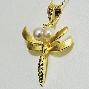 ペンダントトップ トンボデザイン あこや本真珠 3.5〜4mm ダイヤモンド k18 イエローゴールド レディース 送料無料 プレゼント ギフト ご褒美 自分買い puの画像