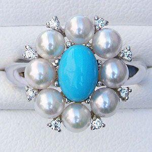 k18WG ターコイズ&あこや真珠　モダンなリング k18WG ターコイズ&あこや真珠 モダンなリング