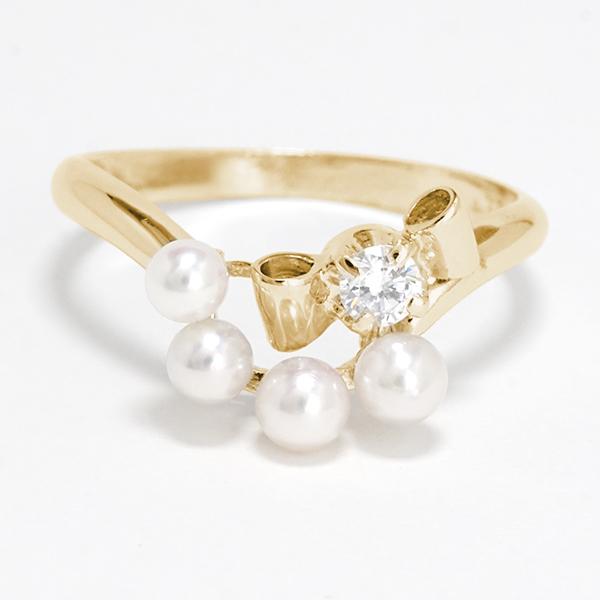 パール 真珠 K18 ダイヤモンド ダイヤ リボン りぼん リング 指輪 18金 パール リング 18金 k18 18k イエローゴールド 真珠リング ベビー