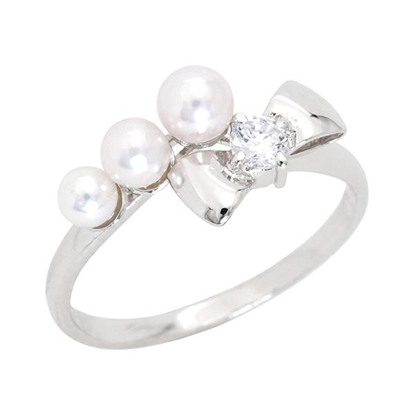 あこや　ペビーパール　リボンリング　プラチナ　ダイヤモンド　14号　pt 指輪 パール リング カジュアル プラチナ 真珠リング 指輪 ベビー