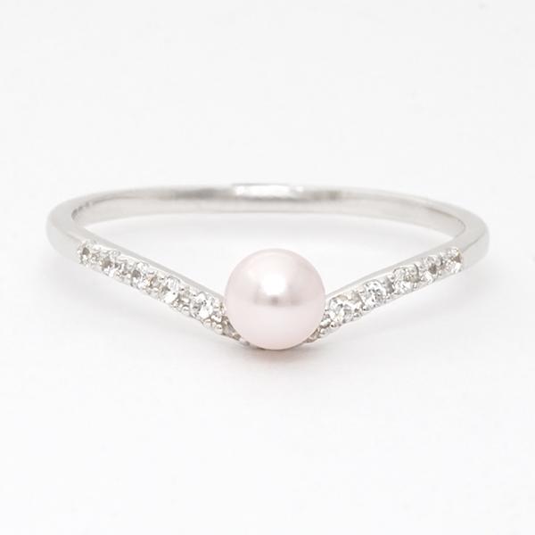 V字型リング k18パール付き パール リング カジュアル k18 18k 18金 ホワイトゴールド V字