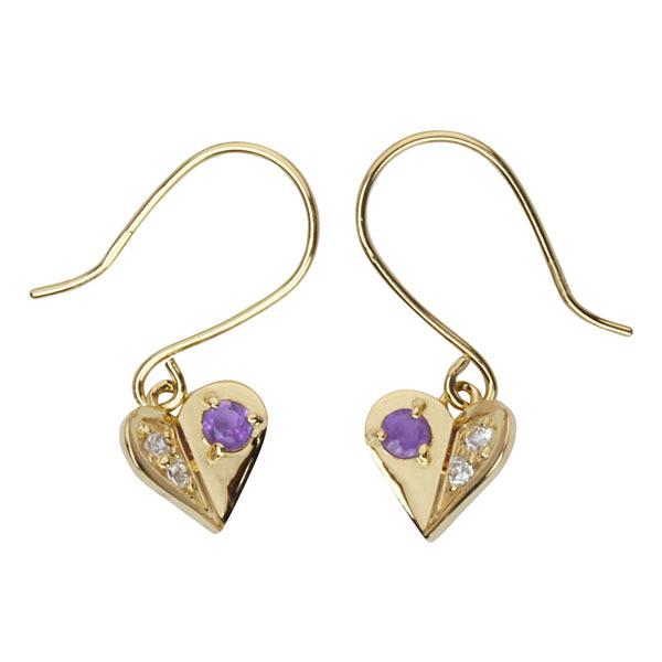 ダイヤモンド ピアス フックピアス ダイヤピアス アメジスト ハート 18k 18金 イエローゴールド 送料無料 ユニセックス プレゼント ギフト 自分買い puの画像