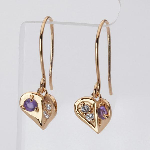 ダイヤモンド ピアス フックピアス ダイヤピアス アメジスト ハートピアス ハート 18k 18金 ピンクゴールド 送料無料 ユニセックス プレゼント 自分買い puの画像