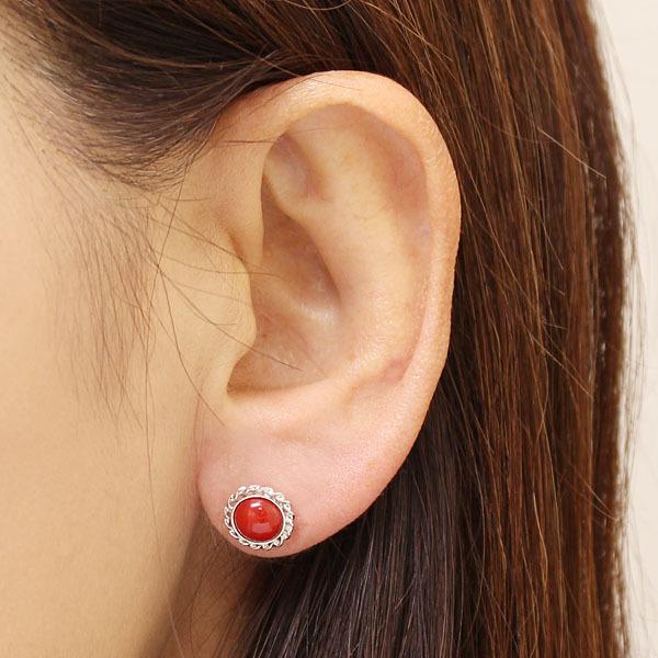 ピアス ユニセックス 珊瑚 k14 14金 ホワイトゴールド 赤珊瑚
