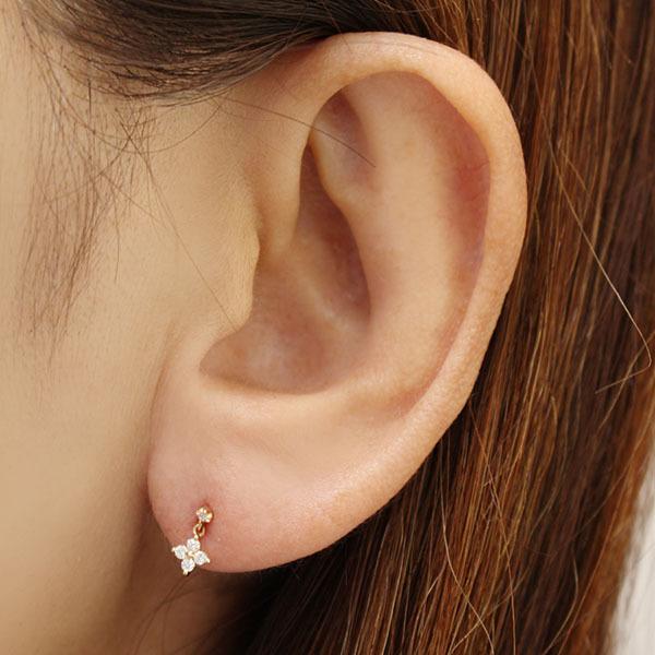 ピアス ダイヤモンドピアス ダイヤモンド クロスピアス クロス 十字架 フワラーピアス 花 10k 10金 イエローゴールド ユニセックス プレゼント 自分買い puの画像
