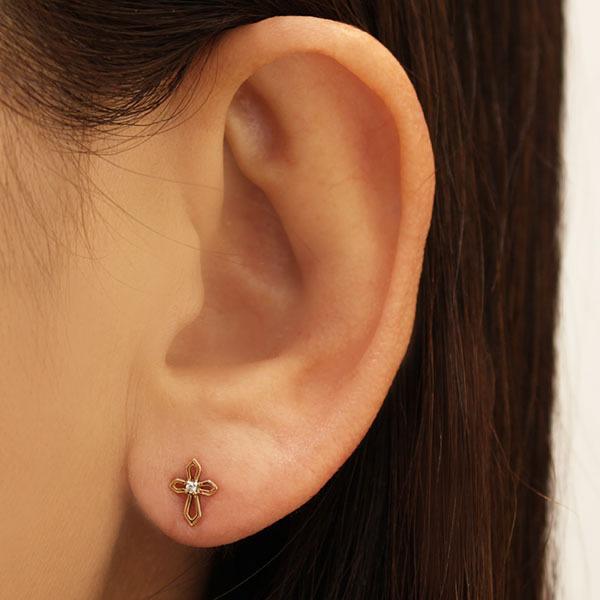 ダイヤモンド ピアス ダイヤピアス クロスピアス スタッドピアス 十字架 k18 18k 18金 ピンクゴールド ユニセックス 送料無料 プレゼント ギフト 自分買いの画像