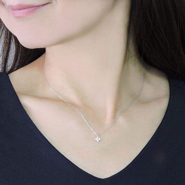ダイヤモンド ネックレス ダイヤ 0.10ct 18金 18k k18 ホワイトゴールド クロス 十字架 フラワー クローバー 男女兼用 ユニセックス プレゼント 自分買い puの画像