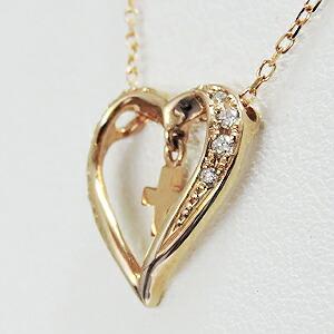 ダイヤモンド ネックレス ダイヤ ハート クロス 十字架 ペンダント ピンクゴールド k18 18k 18金 チェーン付 ユニセックス プレゼント ギフト 自分買い puの画像