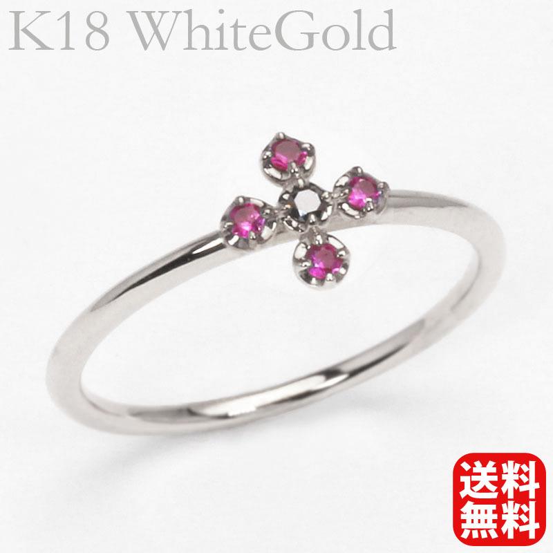 ルビーリング ブラックダイヤモンド ルビー クロス 十字架 フラワー 花 k18 18k 18金 ホワイトゴールド ユニセックス 送料無料 プレゼント ギフト pu