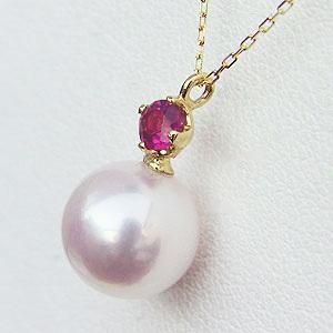 ネックレス パール ルビー 本真珠 あこや 8mm k18 18k 18金 イエローゴールド ペンダント 7月誕生石 ユニセックス 送料無料 プレゼント ご褒美 自分買い puの画像