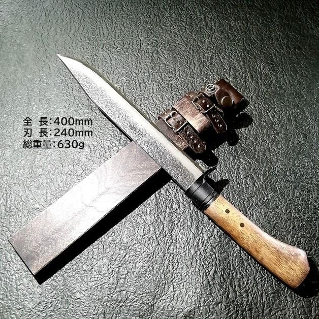 土佐打刃物　晶之作　ダマスカス鋼　青鋼　本職用　両刃　和式ナイフ　剣鉈240ｍｍ　黒鎚目　ツバ付　木鞘付　狩猟　ブッシュクラフト　薪割　バトニング　｜shinjurohonpo｜03