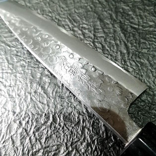 源明利 開裂き型サバキ包丁 鎚目 150mm 白鋼 片刃 紫檀縞柄 鯵・小魚
