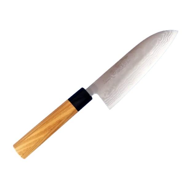 越前数馬作 銀龍 積層ダマスカス青二鋼 三徳包丁165mm 欅八角柄 文化