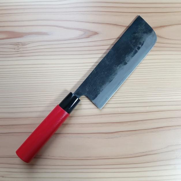 畑の包丁 鋼付 野菜収穫包丁 菜切タイプ 角型 両刃 165mm 赤木柄