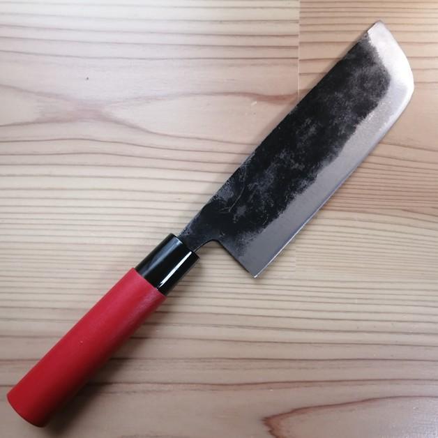 宝馬 鋼付 野菜収穫包丁 先刃付 両刃 170mm 赤塗小判木柄 手打鍛造