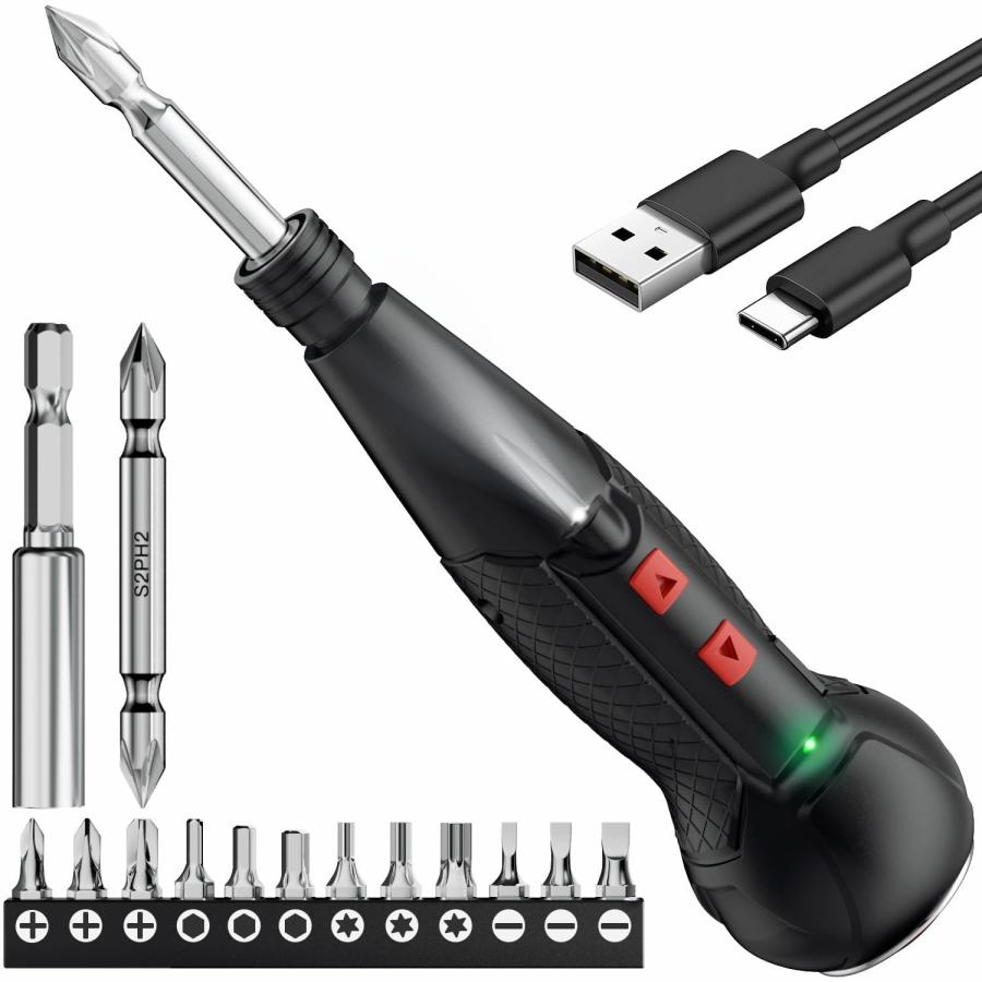 AAL 電動ドライバー 小型 携帯 手持ち Type-C USB充電式 人間工学設計 滑り止め 軽量 手動兼用 高輝度LEDライト 正逆転切り替え 初心者対応 操作簡単 家庭用 D