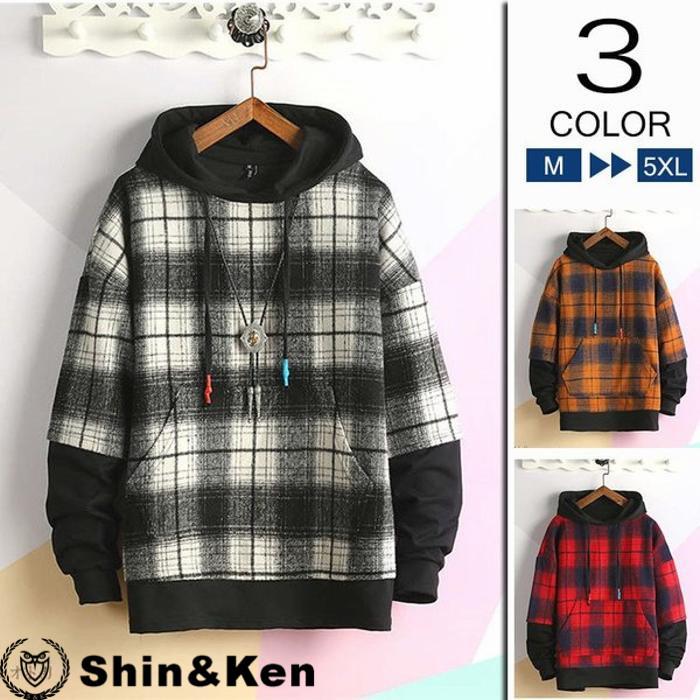 パーカー メンズ プルパーカー 長袖 チェック柄 フェイクレイヤード ビッグシルエット 秋服 トップス Hpnfo3br Shinken 通販 Yahoo ショッピング