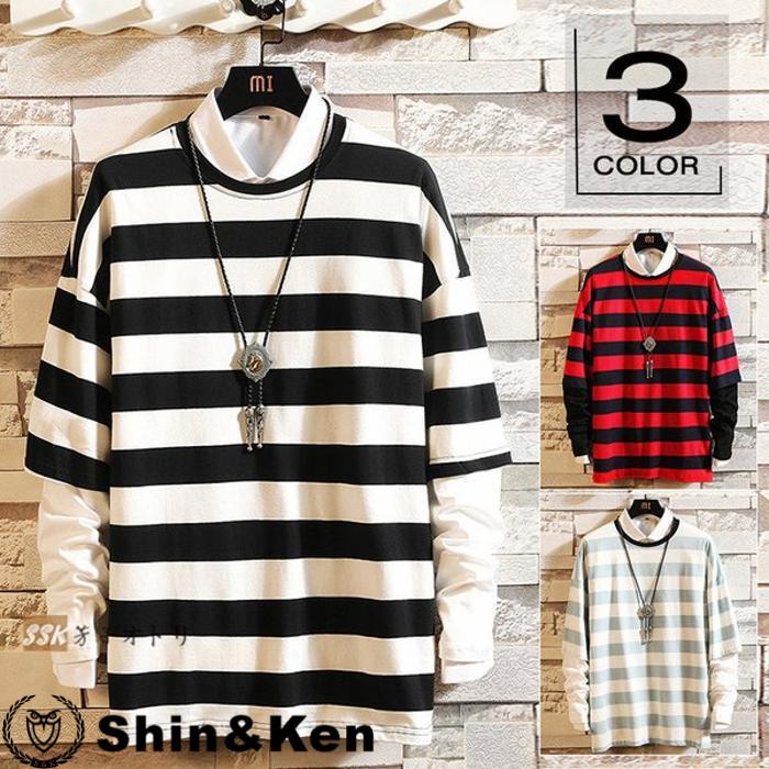 ロンt 長袖tシャツ ボーダーtシャツ ロングtシャツ 秋服 メンズ 重ね着風 ゆったり クルーネック トップス Seqc5dga Shinken 通販 Yahoo ショッピング