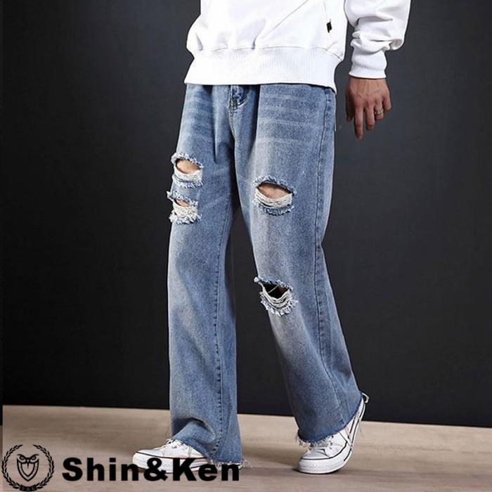 デニムパンツ ワイドパンツ メンズ ジーンズ 涼しい 夏ズボン 洗える ゆったり イージーパンツ ダメージ加工 W86fm5re Shinken 通販 Yahoo ショッピング