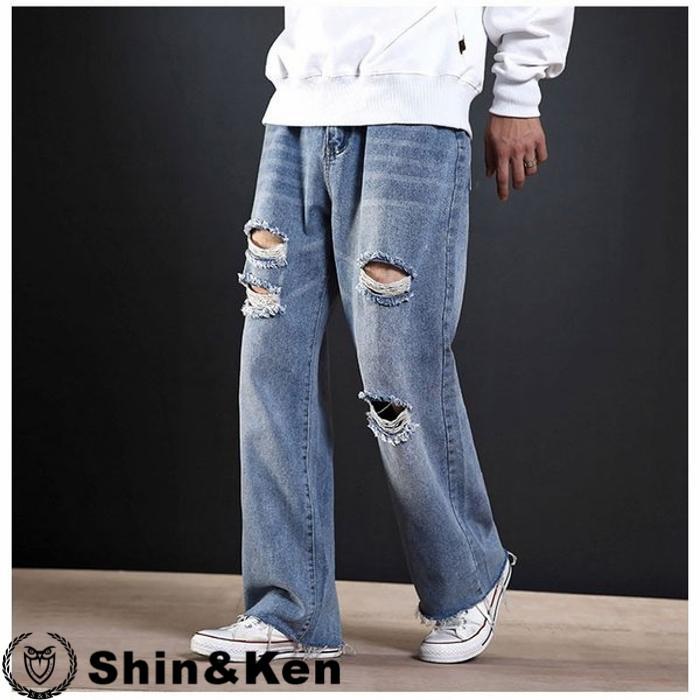 デニムパンツ ワイドパンツ メンズ ジーンズ 涼しい 夏ズボン 洗える ゆったり イージーパンツ ダメージ加工 W86fm5re Shinken 通販 Yahoo ショッピング