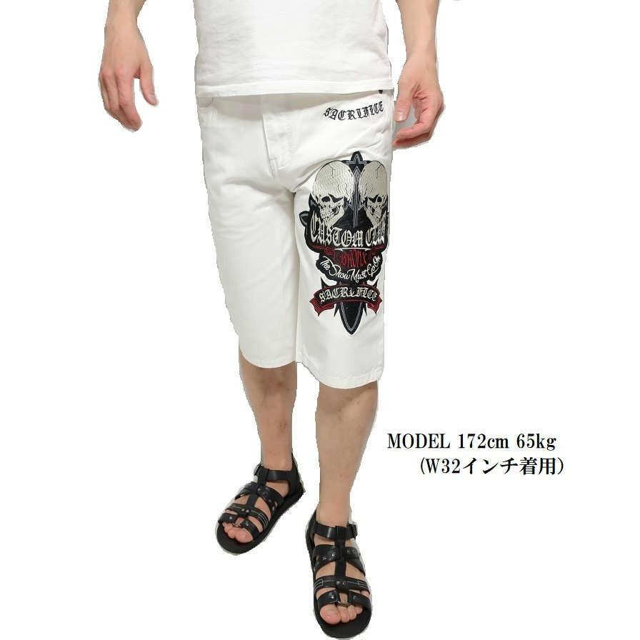 SKULL スカル ドクロ ハーフパンツ ジーンズ メンズ ホワイト SKULL スカル ドクロ ハーフパンツ ジーンズ メンズ ホワイト